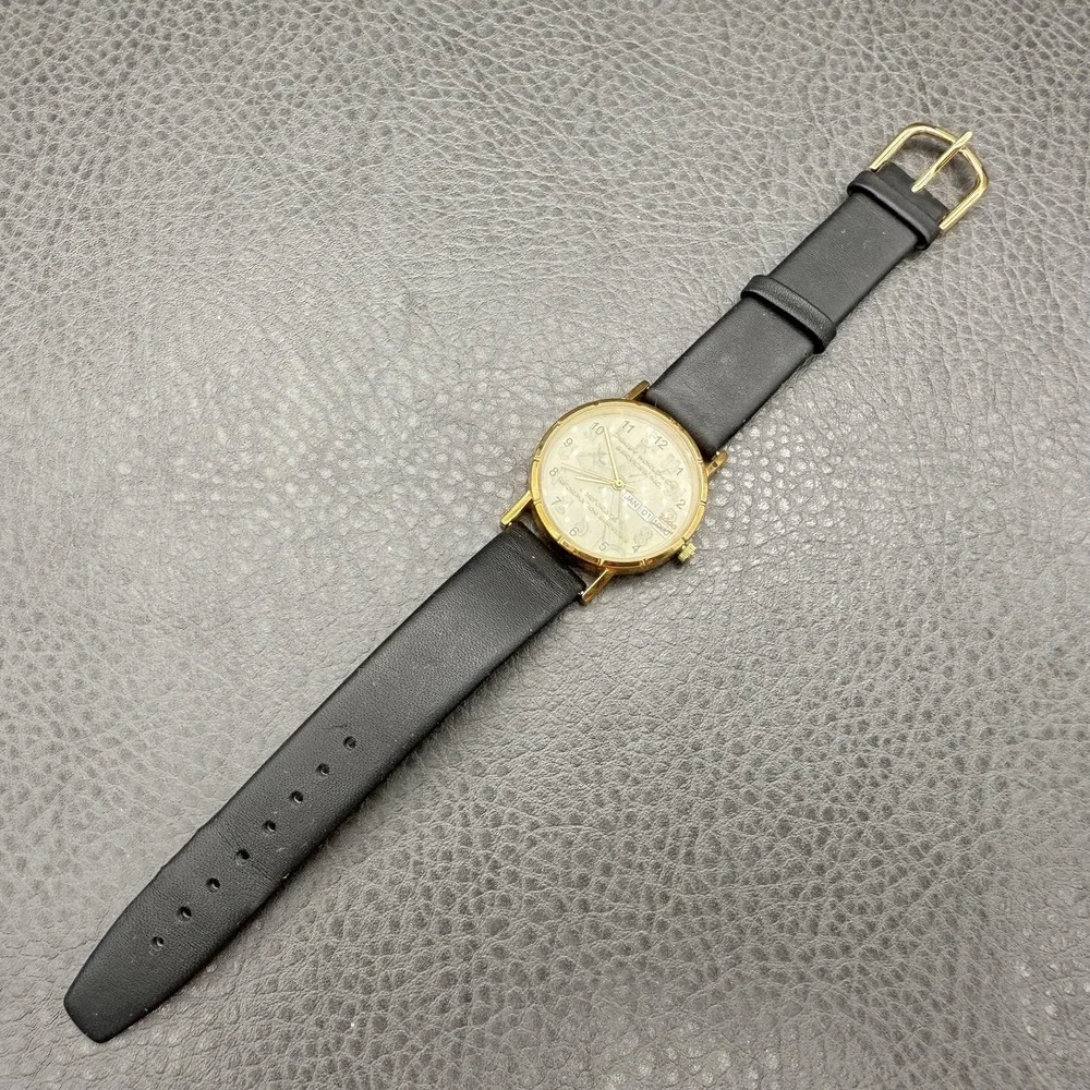 Vintage Disney Services Watch Gold Tone Leather Band 2000 Y2K NEW BATTERY WORKS‎